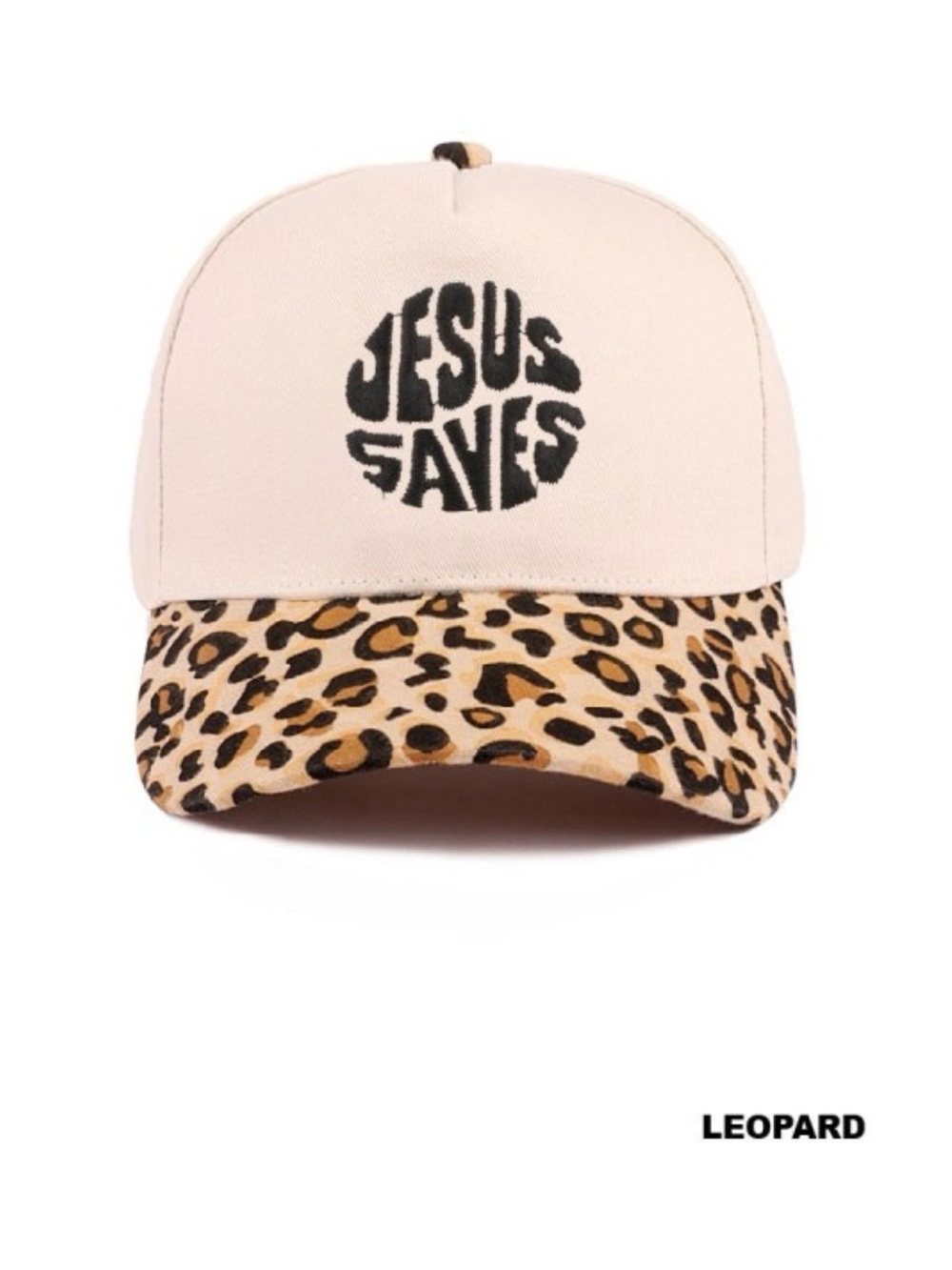 'Jesus Saves' Leopard Brim Baseball Cap - Beige
